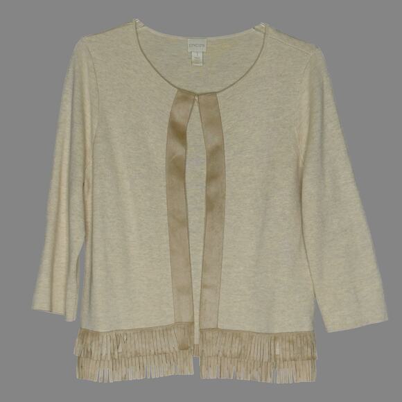 Chicos M Womens Fringe Hem Cardigan Style Top Cardigan Suede Trim Beige - Picture 2 of 12